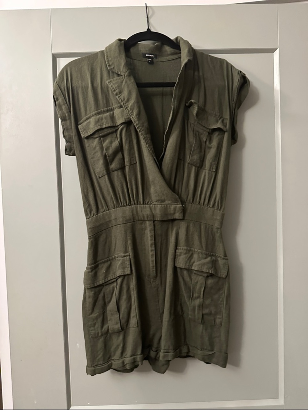 Express Olive Green Utility Romper with Front Pockets